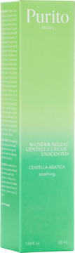 Purito Wonder Releaf Centella Cream Unscented, zielone pudełko, widok z przodu, kojący krem do twarzy, 50 ml.