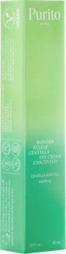 Zielone opakowanie Purito Wonder Releaf Centella Eye Cream Unscented, 30ml, z logo vegan, widok z przodu.