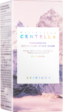 Różowo-fioletowe pudełko SKIN1004 Centella Quick Clay Stick Mask, z górskim krajobrazem i tęczowym logo, widok z przodu.
