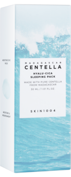 SKIN1004 Madagascar Centella Hyalu-Cica Sleeping Pack, białe pudełko z błękitnym wzorem fal, widok z przodu.