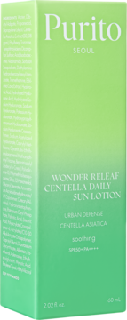 Purito Wonder Releaf Centella Daily Sun Lotion SPF50+ w zielonym kartoniku z gradientem, widok z przodu pod kątem.