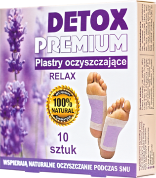 Fioletowe pudełko Detox Premium RELAX, oczyszczające plastry na stopy z lawendą, 10 sztuk, z naklejonymi plastrami.