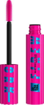 Maybelline New York Lash Sensational Firework tusz, różowa tubka z niebieskimi wzorami, otwarta ze szczoteczką obok.
