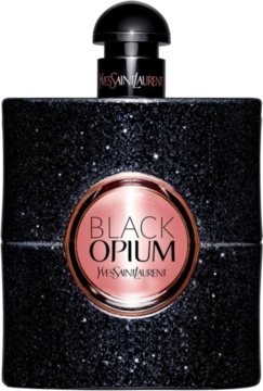 Black Opium YSL EDP w brokatowej, czarnej butelce z okrągłą, miedzianą etykietą, widok z przodu.