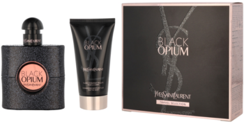 Zestaw YSL Black Opium: czarna woda perfumowana 50ml, mleczko do ciała 50ml i karton, widok z przodu.