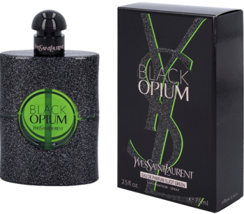YSL Black Opium Illicit Green: czarny, brokatowy flakon z neonowym zielonym okręgiem i stojące pudełko.