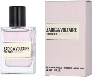 Zadig & Voltaire This Is Her! Undressed, różowy flakon perfum z czarną nakrętką i dopasowane pudełko.