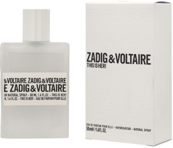 Zadig & Voltaire This is Her EDP, biała butelka z matowego szkła i kartonowe opakowanie, widok z przodu.