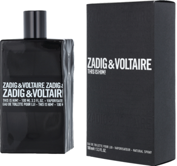 Zadig & Voltaire This is Him, męskie EDP. Czarna butelka z nadtłuczonymi ściankami i pudełko, widok z przodu.