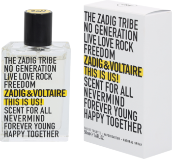 Zadig & Voltaire This is Us! woda toaletowa unisex, butelka i pudełko z hasłami i żółtymi detalami.