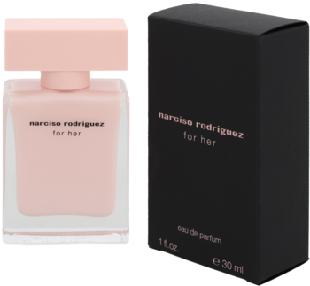 Elegancka różowa butelka Narciso Rodriguez For Her woda perfumowana obok czarnego pudełka, widok z przodu.