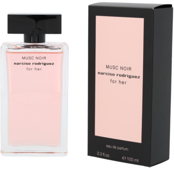 Narciso Rodriguez Musc Noir For Her woda perfumowana, przezroczysta butelka z różowym płynem i czarne opakowanie.