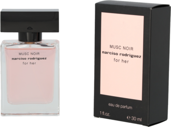 Narciso Rodriguez For Her Musc Noir, przezroczysty flakon z różowym płynem i czarne opakowanie, widok z przodu.