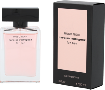 Perfumy Narciso Rodriguez Musc Noir For Her: przezroczysta butelka z różowym płynem i czarne pudełko.