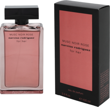 Perfumy Narciso Rodriguez Musc Noir Rose, różowy flakon obok czarnego pudełka z różowym panelem.