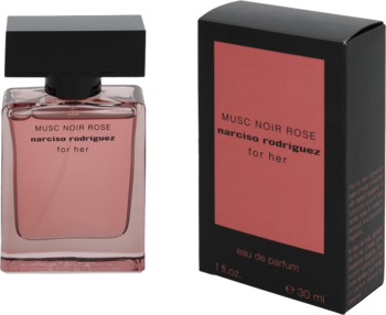 Narciso Rodriguez Musc Noir Rose For Her Eau de Parfum: różowa butelka i czarne pudełko, widok obok siebie.