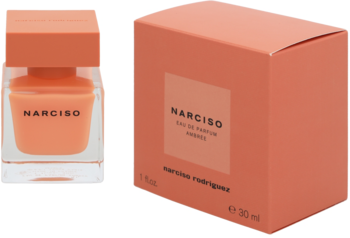 Narciso Eau de Parfum Ambrée: przezroczysta butelka z pomarańczowym płynem i pasujące pudełko, widok z przodu.