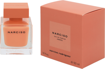 Narciso Eau de Parfum Ambrée: szklana butelka z pomarańczowym płynem i pasujące pudełko, ujęcie z przodu.