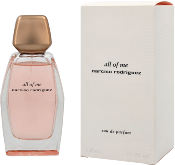 All Of Me Narciso Rodriguez EDP: różowy flakon z miedzianym korkiem i kremowe pudełko obok siebie, widok przodem.