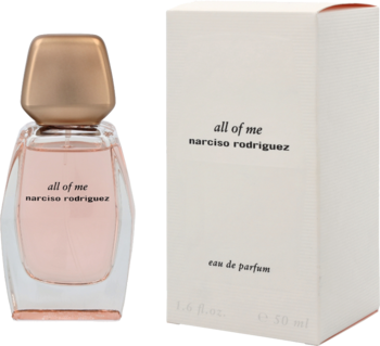Damska woda perfumowana All Of Me Narciso Rodriguez: różowy flakon i białe pudełko, widok z przodu.