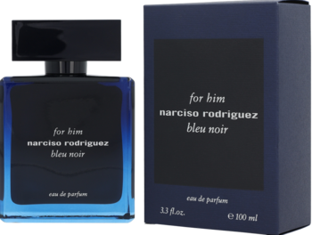 Narciso Rodriguez Bleu Noir EDP, elegancka butelka z gradientem i pudełko w ciemnym granacie, obok siebie na białym tle.