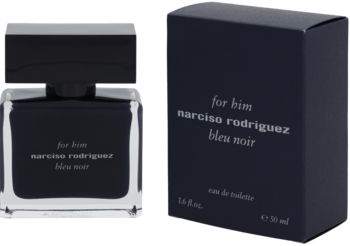 Kwadratowa butelka i kartonik Narciso Rodriguez Bleu Noir EdT, granatowe, z białym napisem, widok z przodu.