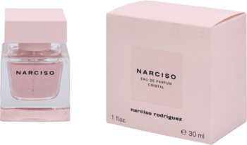 Perfumy Narciso Rodriguez Cristal EDP: przezroczysty flakon z różowym płynem i pudełko 30 ml, widok pod kątem.