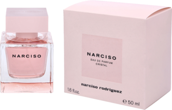 Narciso Rodriguez Cristal EDP: elegancki, różowy flakon perfum obok pasującego, kwadratowego pudełka.