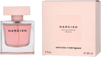 Narciso Cristal EDP 90 ml: różowa, przezroczysta butelka z płynem obok dopasowanego pudełka. Widok z przodu.