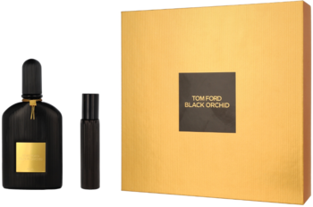 Zestaw perfum Tom Ford Black Orchid: czarny ryflowany flakon 50ml, mała fiolka podróżna i złote pudełko.