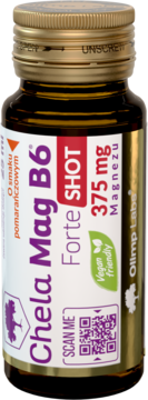 Chela Mag B6 Forte SHOT 375mg Magnez, pomarańczowy smak, w ciemnej butelce z złotą nakrętką, widok z przodu.