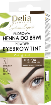 Biało-zielone opakowanie Delia Eyebrow Expert, pudrowa henna do brwi 3.1 Czarny Brąz, z modelem.