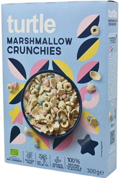 Jasnoniebieskie pudełko Turtle Marshmallow Crunchies, ekologiczne chrupki bez glutenu, widok z przodu.