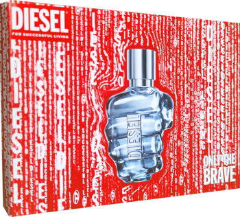 Diesel Only the Brave męski zestaw: czerwone pudełko z butelką wody toaletowej w kształcie srebrnej pięści, widok z przodu.