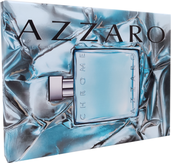 Azzaro Chrome męska woda toaletowa, niebieska butelka z chromowaną nakrętką w srebrnym, pogniecionym opakowaniu.