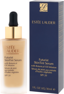 Estee Lauder Futurist SkinTint Serum z SPF 20, beżowy podkład w butelce z pipetą i granatowe pudełko.
