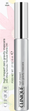 Clinique High Impact Zero Gravity Mascara w kolorze 01 black, srebrna tubka i fragment opakowania z tyłu.