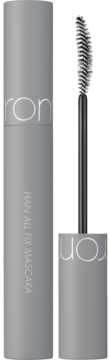 Czarny tusz rom&nd Han All Fix Mascara pogrubiający, w szarej tubce z wysuniętą szczoteczką, widok z przodu.