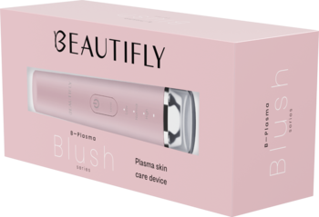 Różowe opakowanie BEAUTIFLY B-Plasma Blush, plasma skin care device, widoczne z boku z różowym urządzeniem.