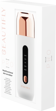 Beautifly B-Scrub PRO, biało-różowozłoty, wielofunkcyjny peeling kawitacyjny, widoczny w białym pudełku.