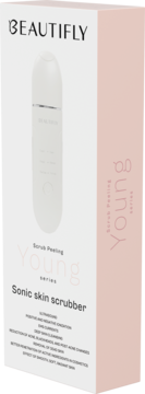 Białe opakowanie Beautifly B-Scrub Young, soniczny peeling kawitacyjny, z różowym bokiem, widok pod kątem.