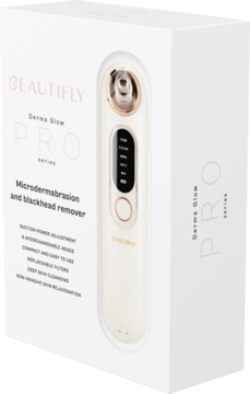 Białe pudełko BEAUTIFLY Derma Glow PRO z widocznym urządzeniem do mikrodermabrazji, złoto-beżowe. Widok z przodu.