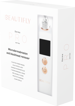 Beautifly Derma PRO, urządzenie do mikrodermabrazji, w białym pudełku z opisem, widok pod kątem.