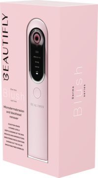 Różowe opakowanie urządzenia Beautifly B-Derma Blush do mikrodermabrazji, widok z przodu, z widocznym urządzeniem.