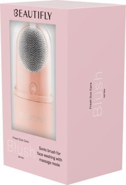 Różowa szczoteczka soniczna BEAUTIFLY Fresh Duo Care Blush 2w1 w pudełku z okienkiem, widok z przodu pod kątem.