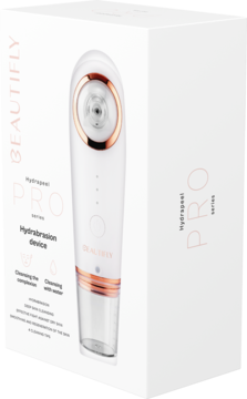 Beautifly B-Hydrapeel PRO, białe urządzenie do hydrabrazji, w eleganckim białym pudełku, widok pod kątem.