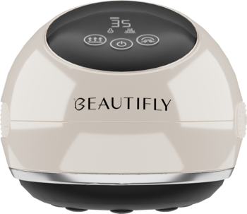Beautifly B-bubble, beżowa elektryczna bańka masująca z wyświetlaczem i srebrnym paskiem, widok z przodu.
