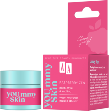 Regenerująca maska AA You.mmy Skin Raspberry Zen w turkusowym słoiczku obok otwartego różowego pudełka.