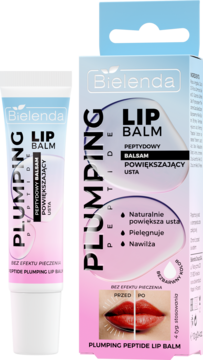 Bielenda Plumping Peptide Lip Balm: różowa tubka i biało-różowe pudełko. Peptydowy balsam nawilża i powiększa usta.