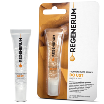 Opakowanie i transparentna tubka Regenerum Regeneracyjne serum do ust olejek w żelu z kuleczkami.